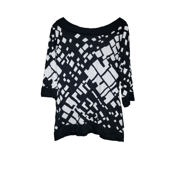 🍑 White House Black Market 3/4 Sleeve Silk Blend Sweater Size M Black White - Picture 2 of 4